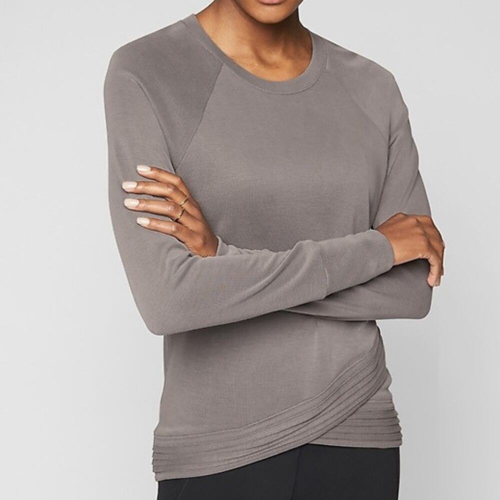 Athleta Serenity Criss Cross Soft Gray Knit Pullover Thin Sweatshirt Sweater